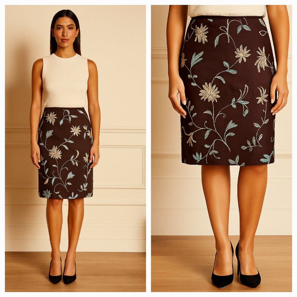 Ann Taylor Loft Linen Skirt Embroidered Fully Lined Mocha Brown